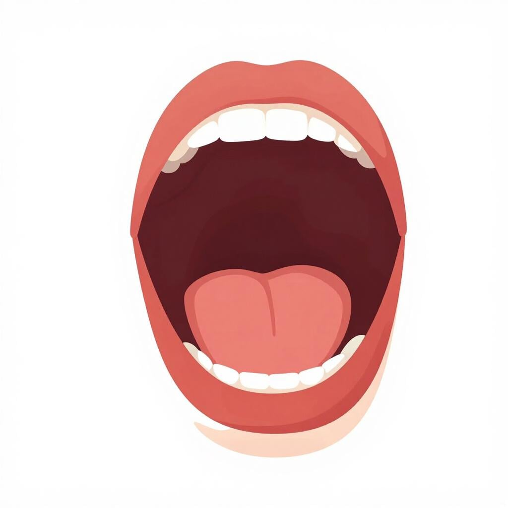 A colorful illustration of an open mouth showing the tongue and throat as if making a sound.