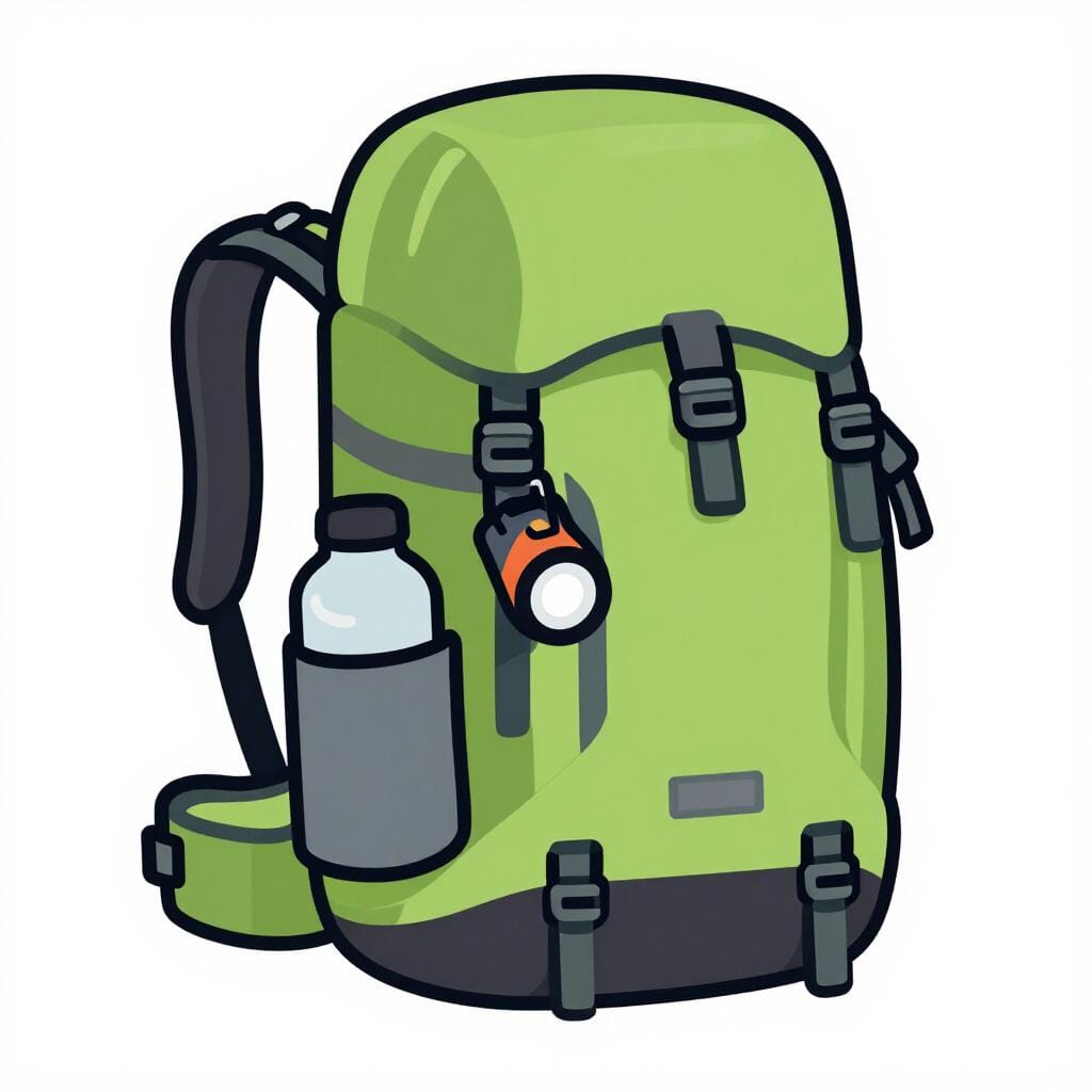 A modern backpack with many specialized pockets and attached gear like a water bottle and a small flashlight.