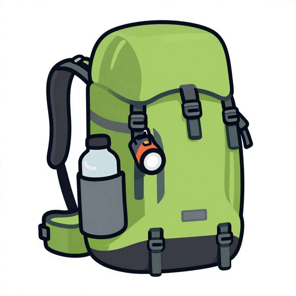 A modern backpack with many specialized pockets and attached gear like a water bottle and a small flashlight.