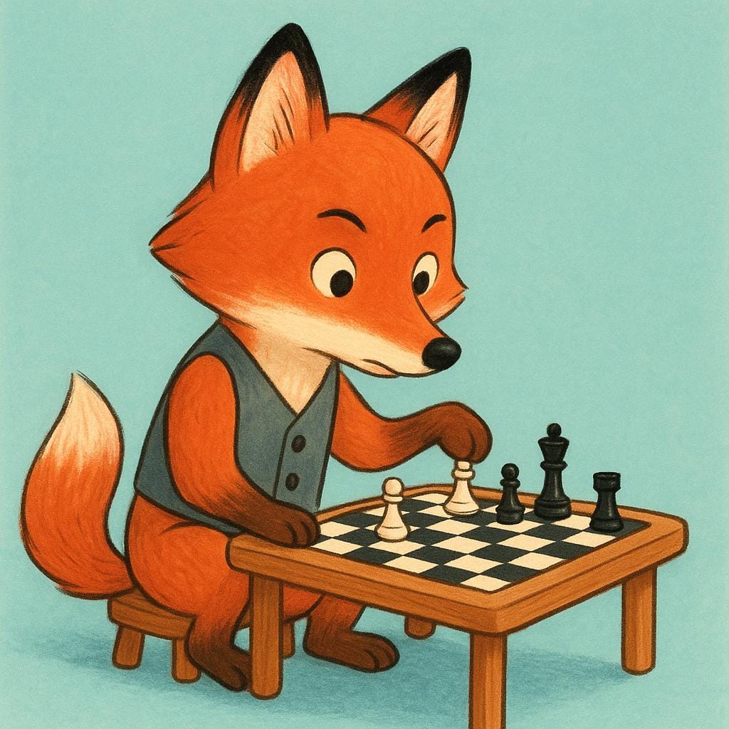 A cunning fox wearing a small vest, sitting at a miniature wooden table with a chessboard, contemplating its next strategic move.