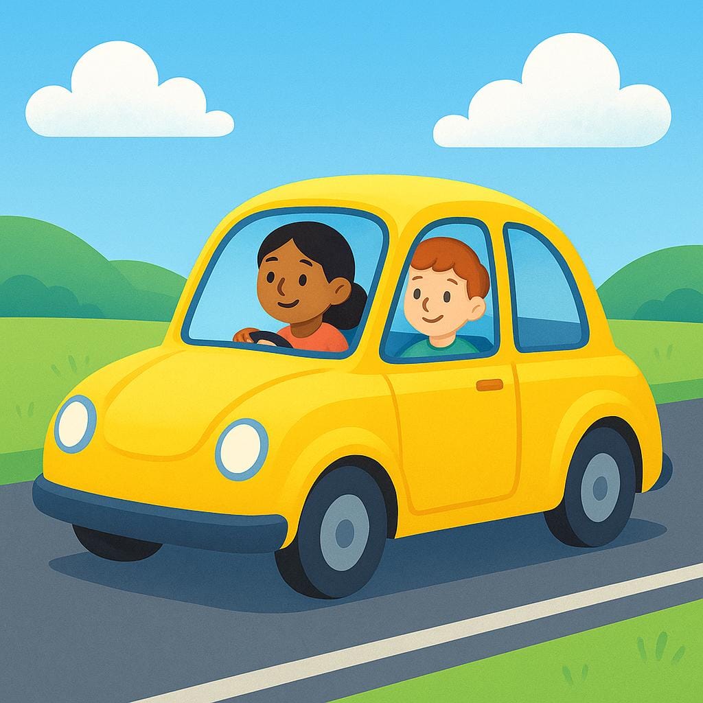 A simplified, cheerful yellow car driving down a road. Two people are visible as passengers inside the car, illustrating the act of transporting people.