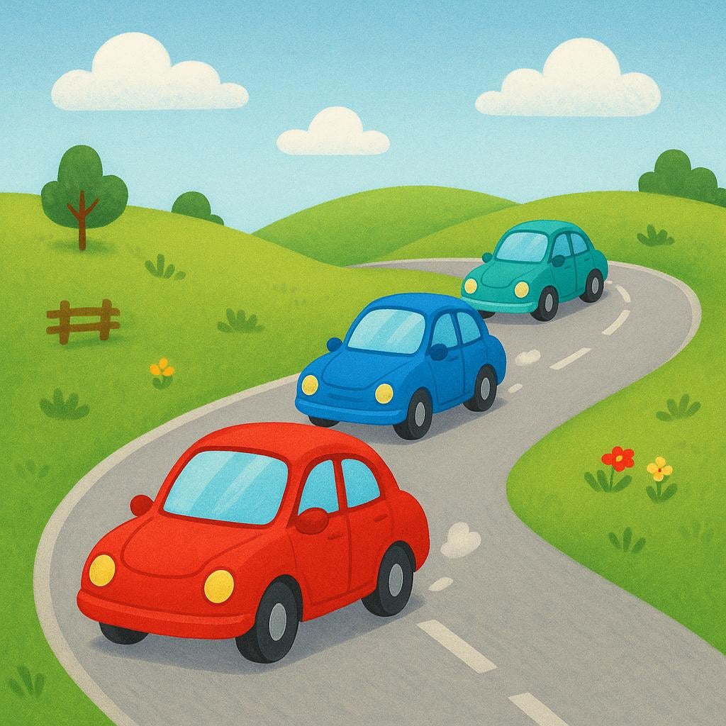 A line of three distinct, brightly colored cars driving one behind the other on a winding road in a simple landscape, illustrating a convoy.