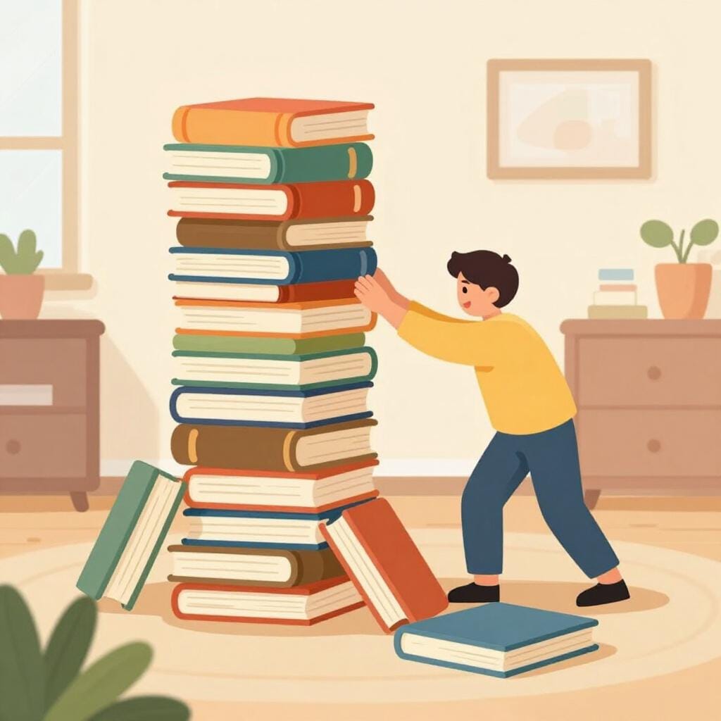 Een persoon in een stille bibliotheek die een grote stapel boeken omgooit, waardoor een luid rumoer ontstaat terwijl iedereen kijkt.