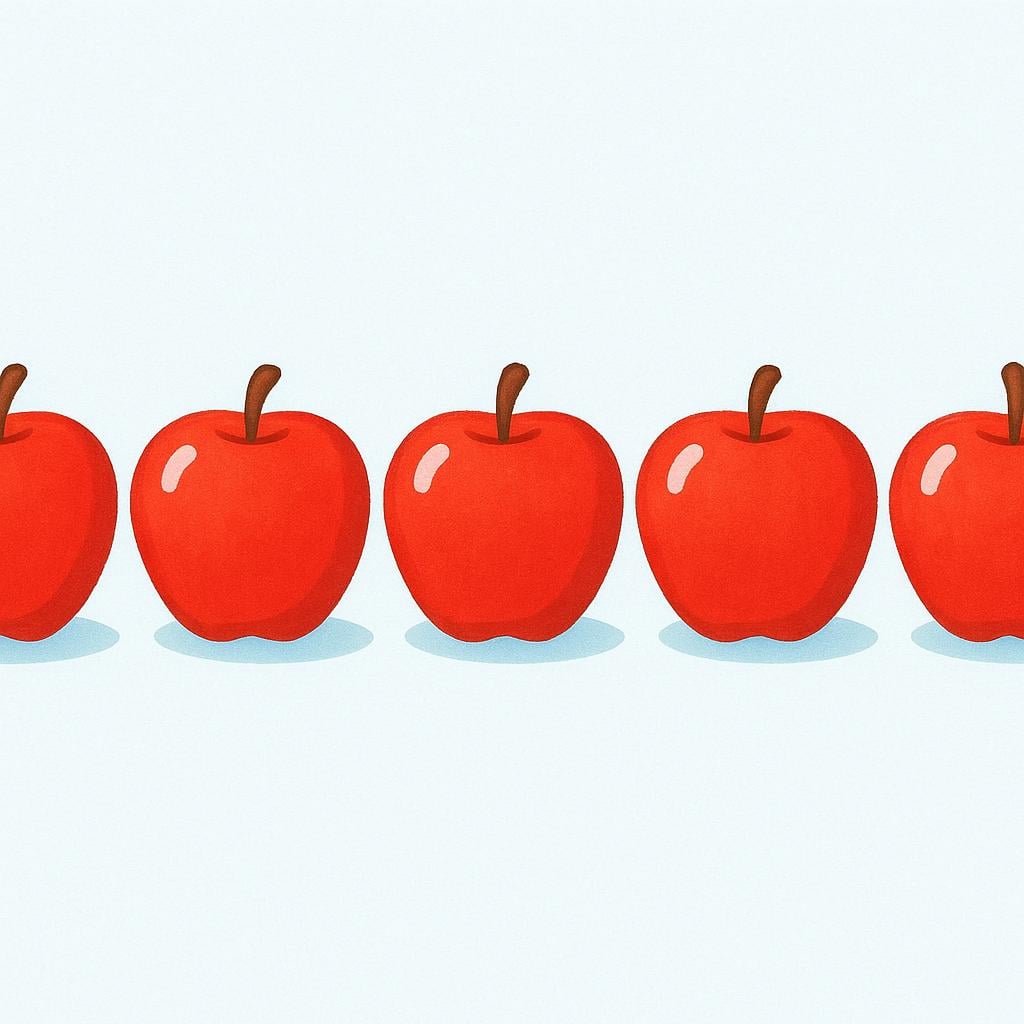 Five identical bright red apples placed side-by-side in a perfect, continuous straight line.
