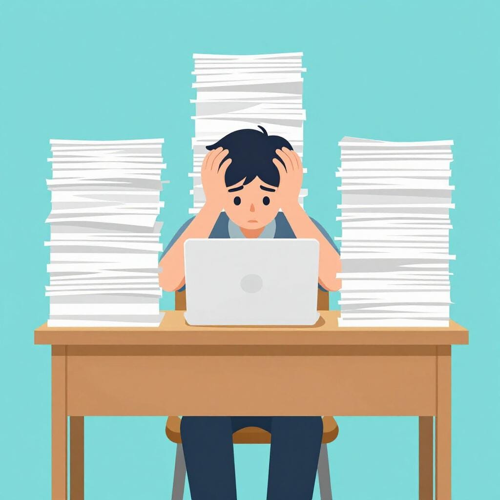Eine Person sitzt an einem Schreibtisch, der mit großen Papierstapeln überfüllt ist, und hält sich die Hände vors Gesicht.