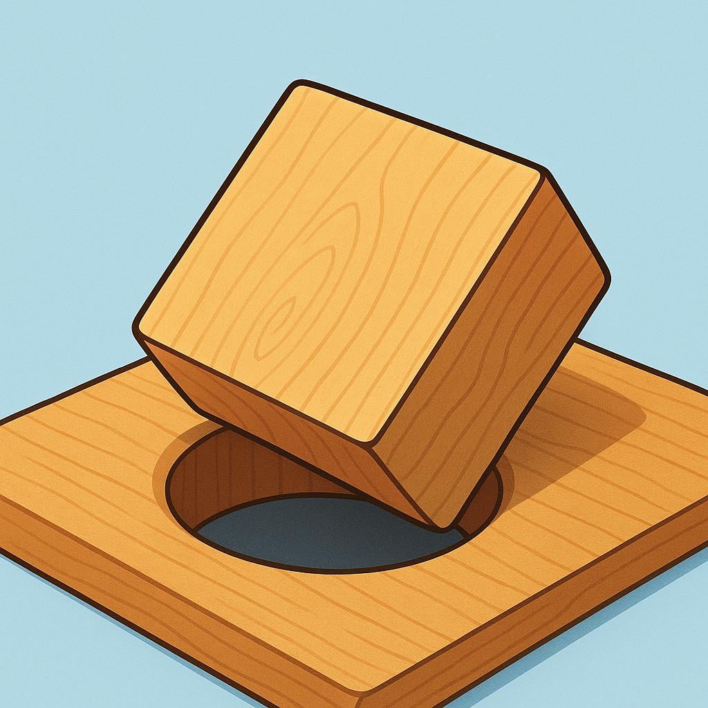 A large square wooden block resting against a round hole on a wooden surface, illustrating an incorrect fit.