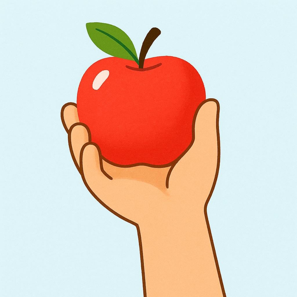 A person's hand reaching down and firmly grasping a single bright red apple resting on a wooden surface, illustrating physical grabbing.