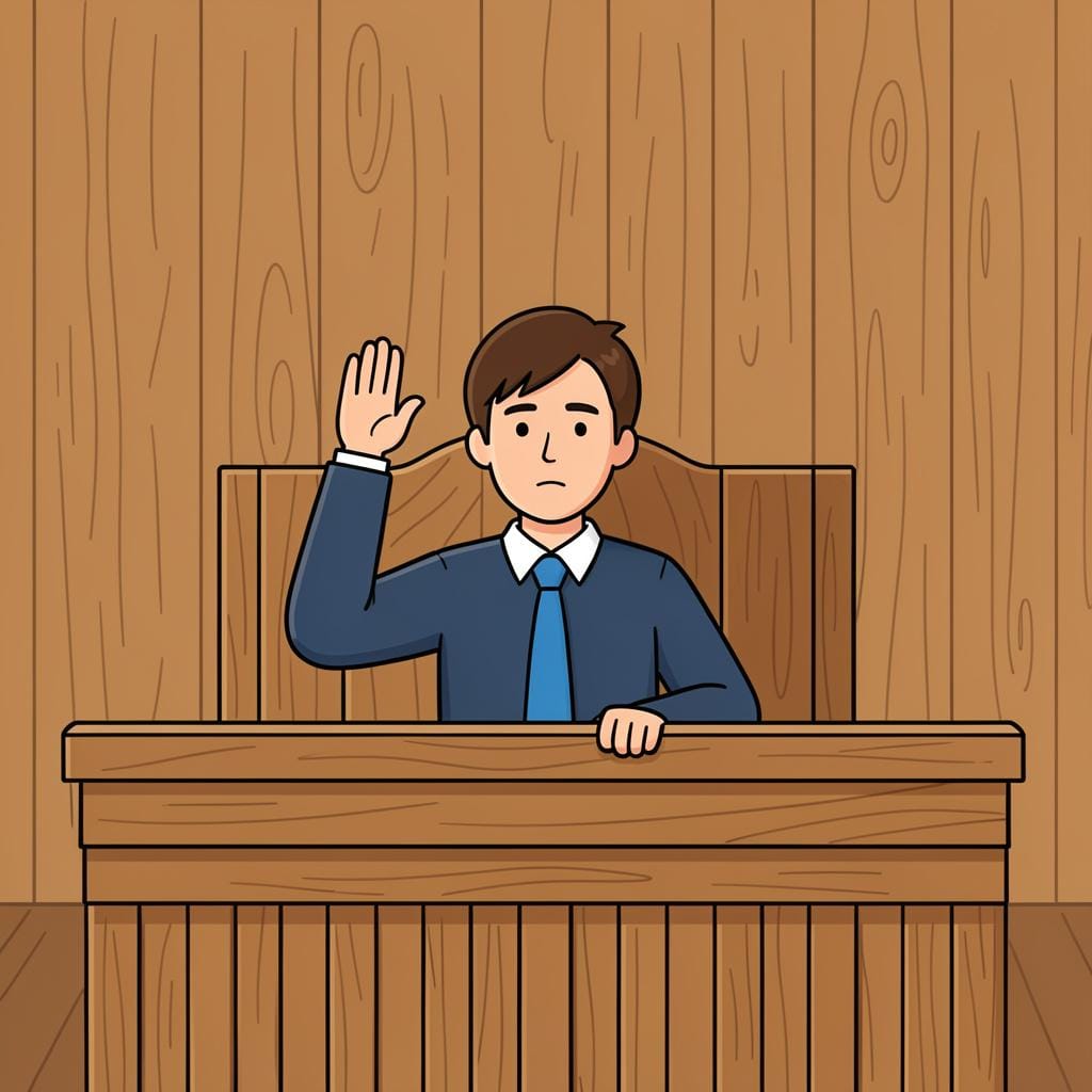 A person sitting in a witness box in a courtroom, raising their right hand.