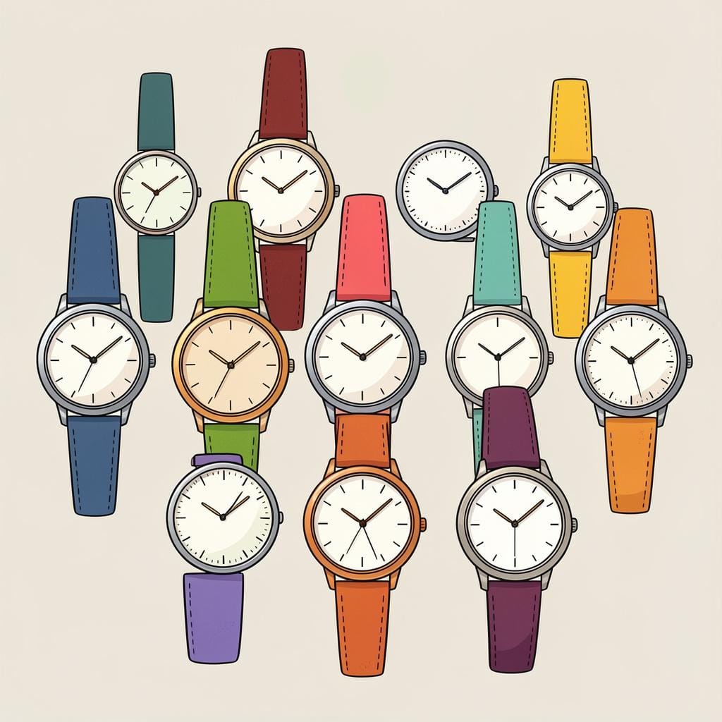 A collection of colorful wristwatches with different colored leather straps.