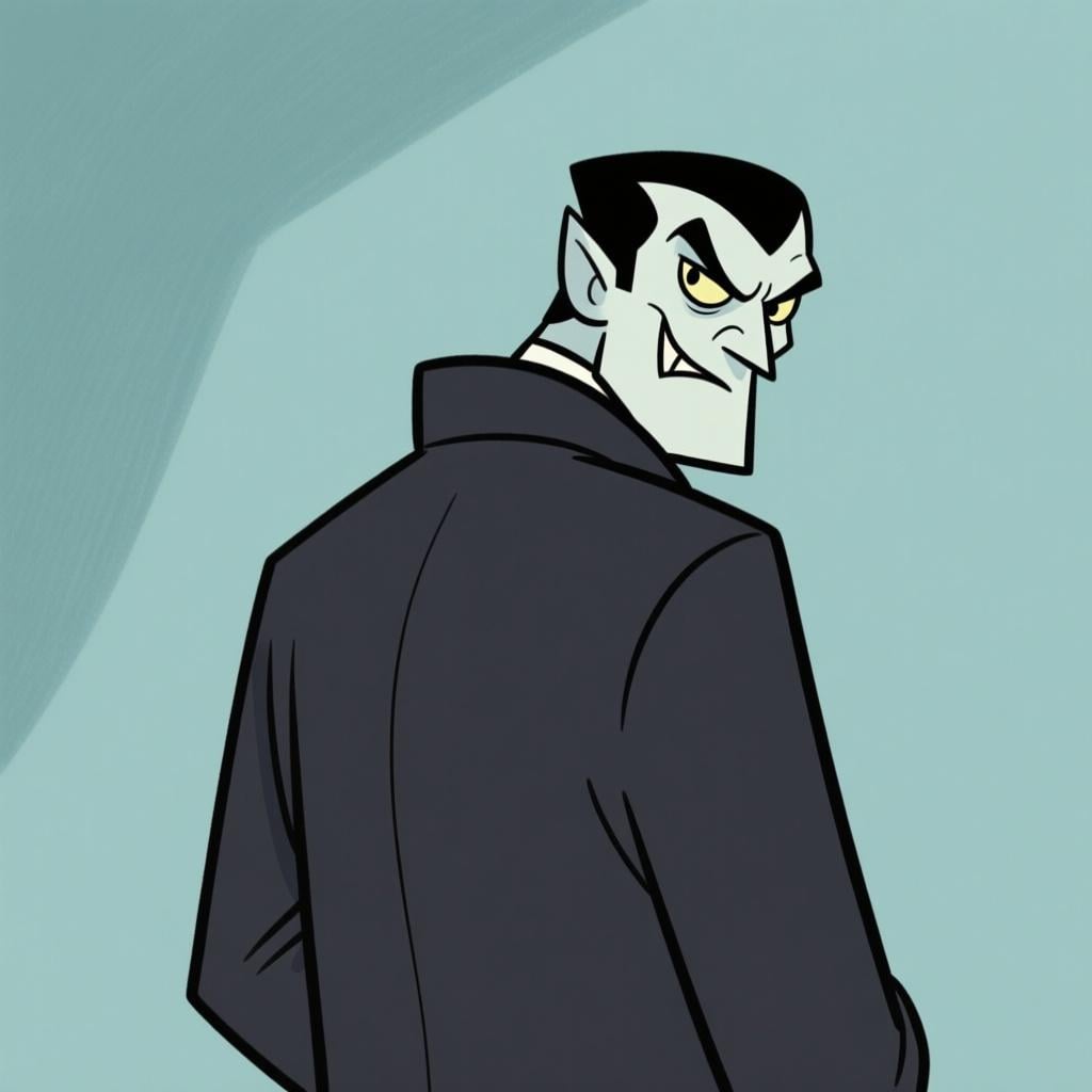 A cartoonish man with a sly, untrustworthy expression, wearing a dark coat and looking over his shoulder conspiratorially, symbolizing deceit or a despicable character.