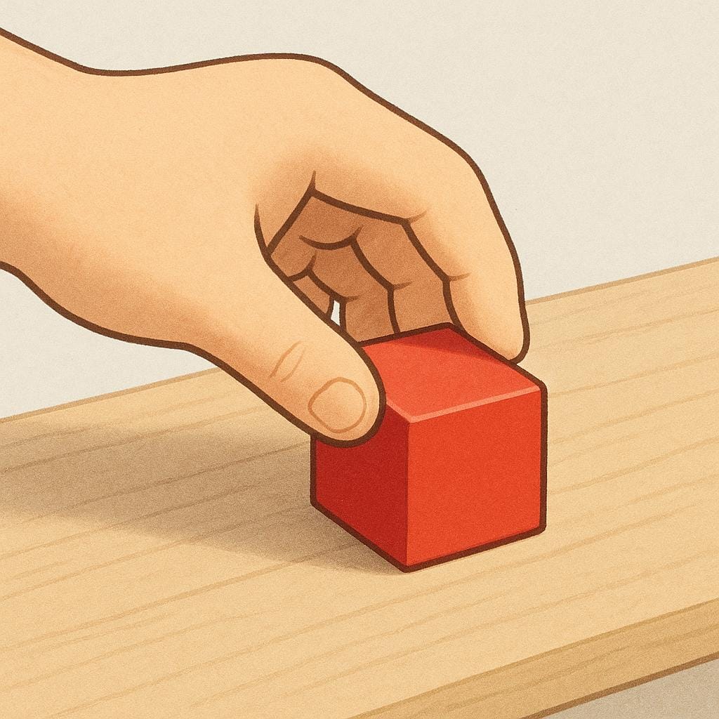 Uma mão humana colocando suavemente um pequeno bloco vermelho sobre uma mesa de madeira.