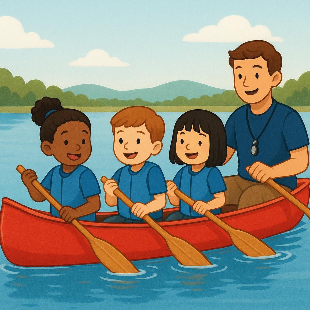 Three children and an adult counselor paddling a red canoe on a calm lake during a summer camp activity.