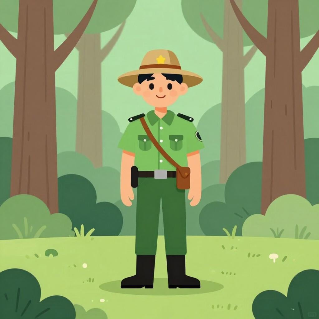 A person in a green uniform and wide-brimmed hat standing in front of tall pine trees.
