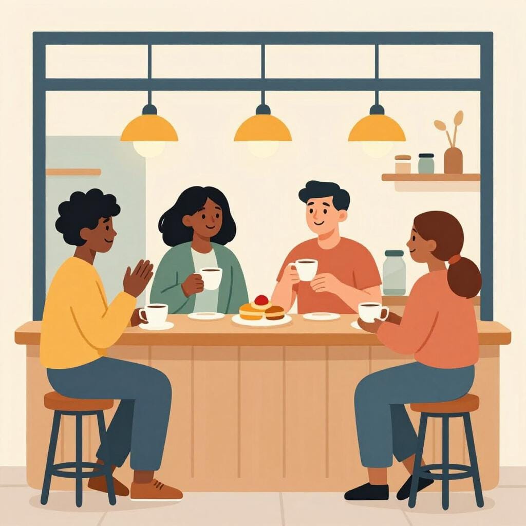 A group of cheerful people sitting together at a cozy wooden counter in a small bakery, enjoying coffee and bread.