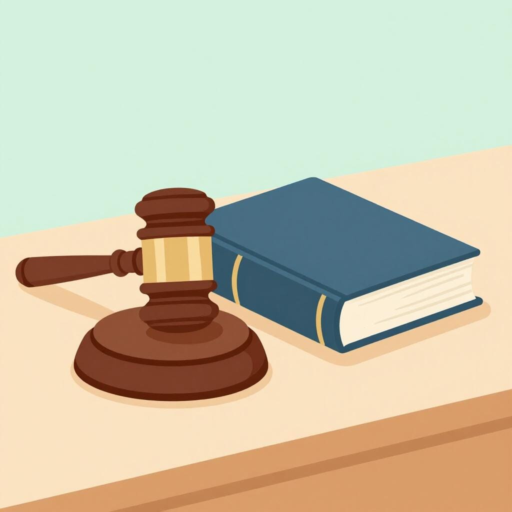 A heavy metal gavel resting on a thick law book.