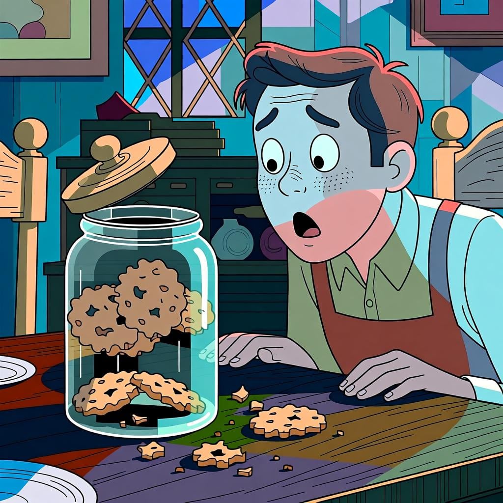 A person with a shocked expression looking at an empty cookie jar with crumbs on the table.
