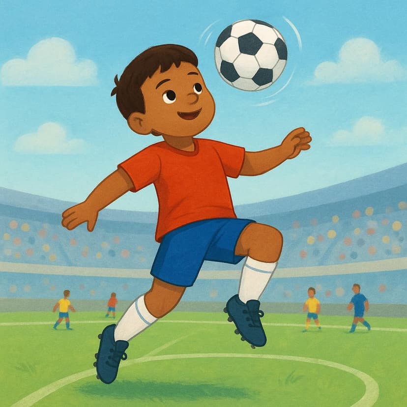 Een voetballer, in de lucht, die zijn voorhoofd gebruikt om een bal te raken.
