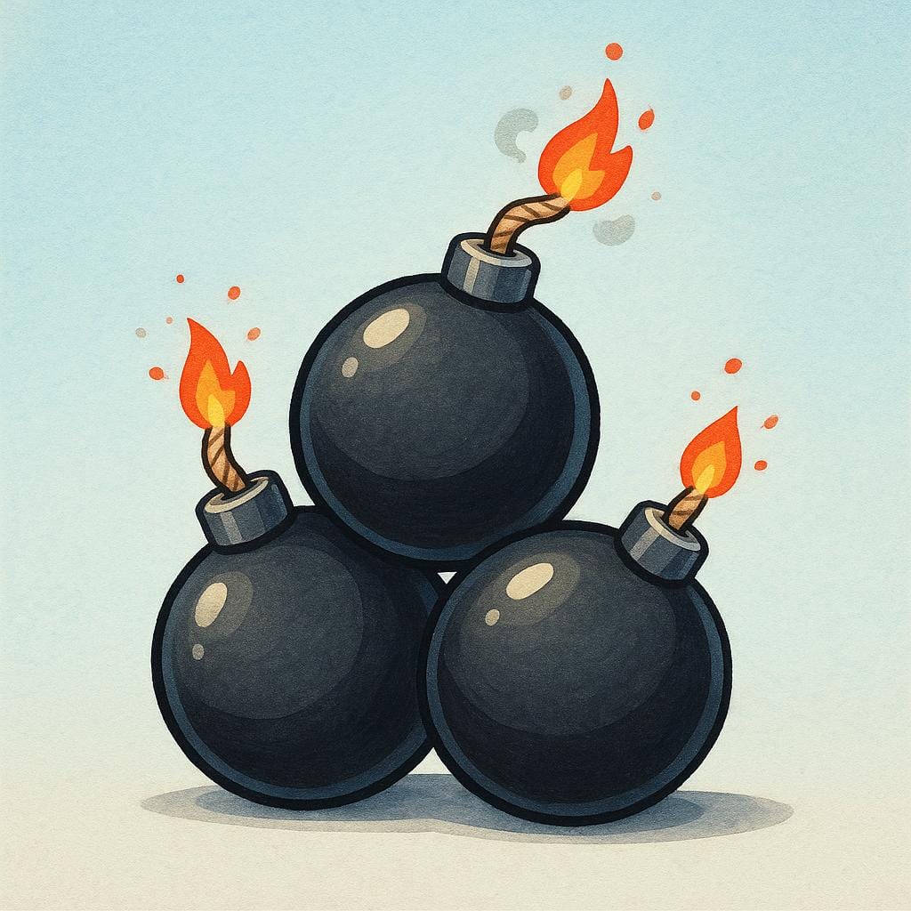 Three spherical, black cartoon bombs with burning fuses stacked on a flat surface.