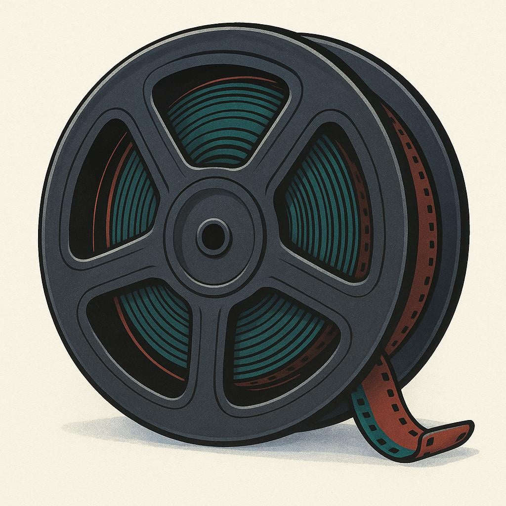 A large, classic film reel lying on its side, ready for projection, symbolizing a movie.