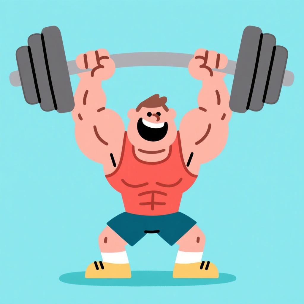 A cartoon illustration of a strong man easily lifting a massive, heavy barbell over his head.