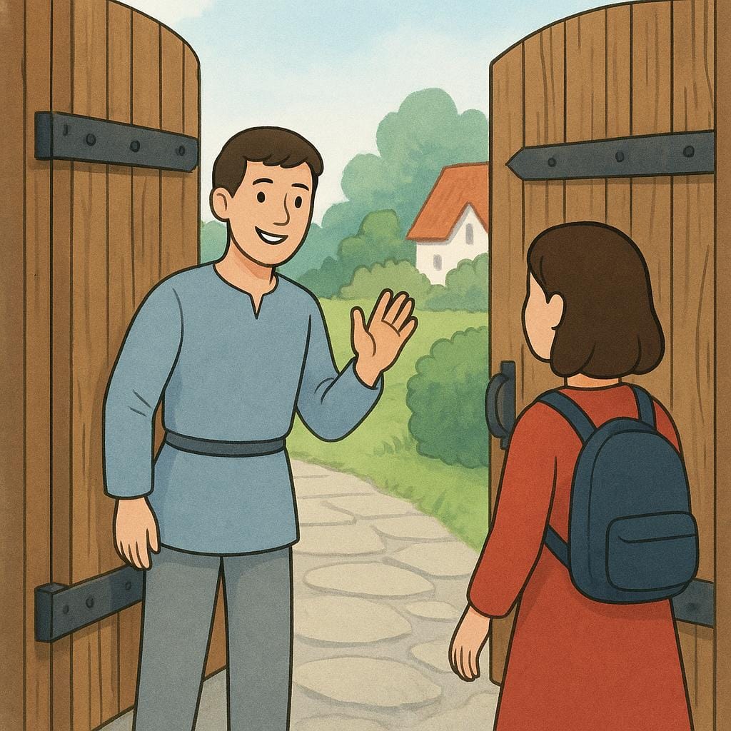 Um porteiro amigável está ao lado de um portão de madeira alto e aberto em um muro de pedra, sorrindo e acenando para outra pessoa avançar para conceder-lhe a entrada no recinto.