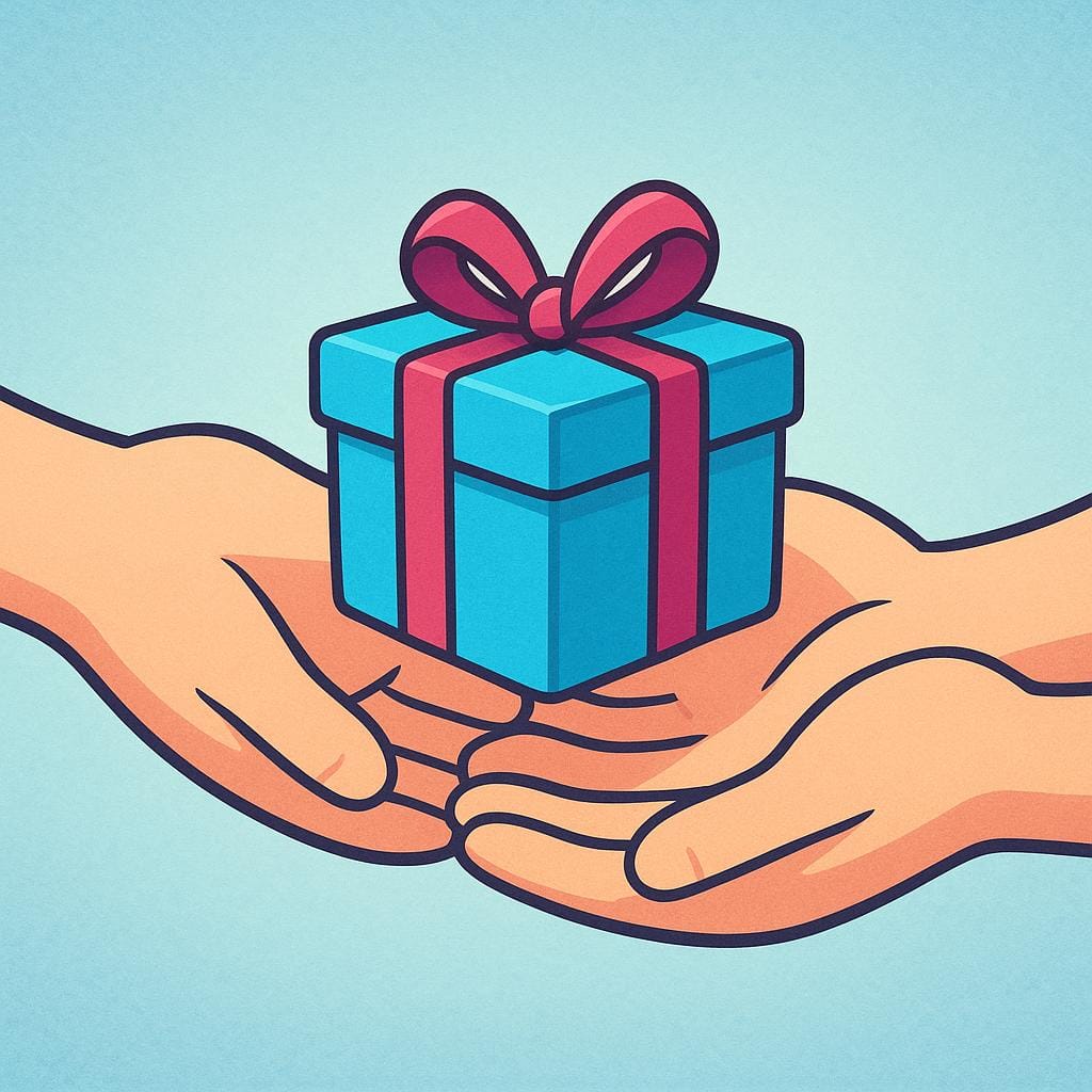 A close-up view of a pair of cartoon hands reaching out and actively accepting a small, brightly colored wrapped gift box.