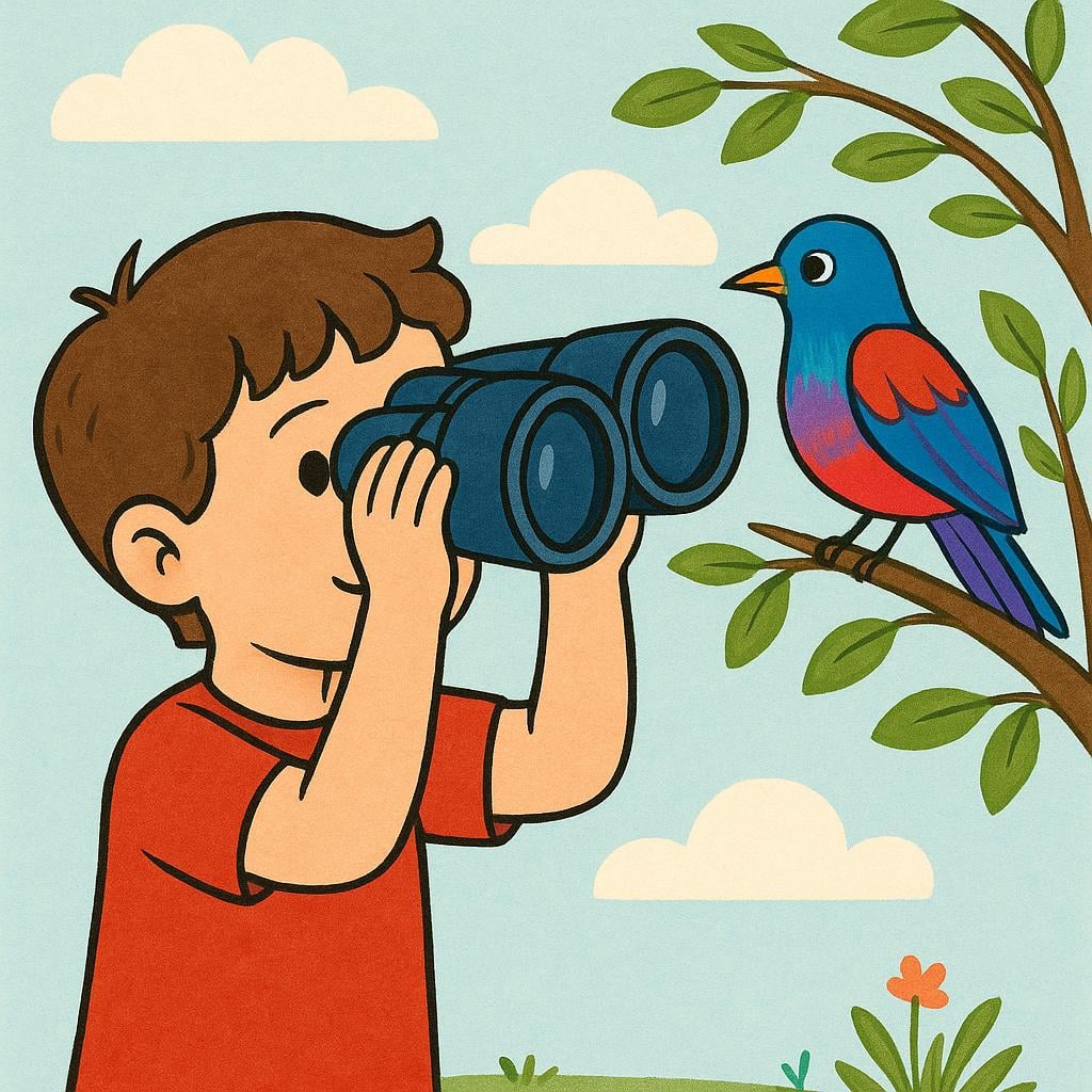 A young child intently looking through a pair of large binoculars at a bright blue bird perched on a tree branch.