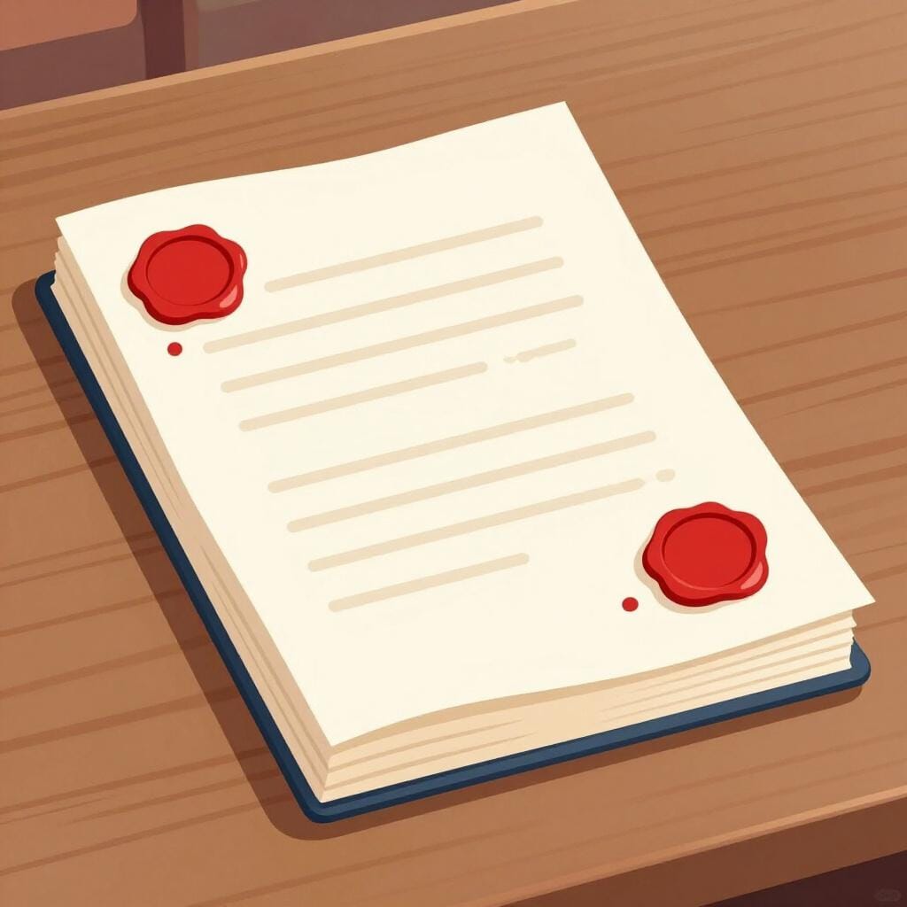 Een formeel document met een rood zegel van was, liggend op een donkere houten tafel in een rechtszaal.