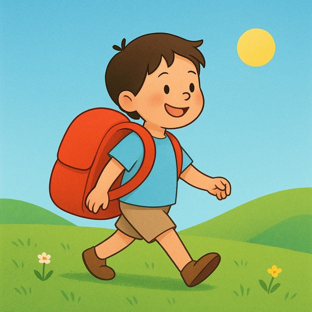 A smiling young person carrying a large, brightly colored backpack on their shoulders, walking across a sunny green field.
