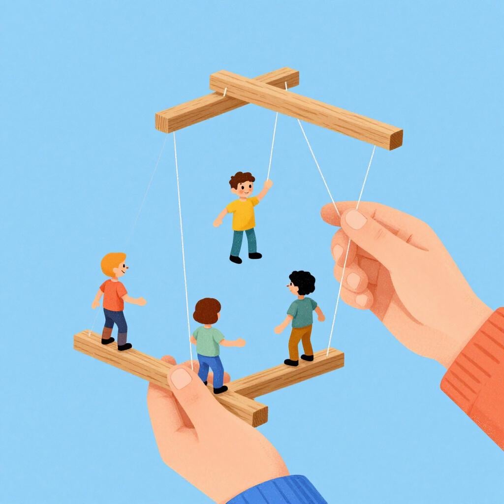 Une personne tenant de nombreuses ficelles reliées à de petites marionnettes en bois sur une table.