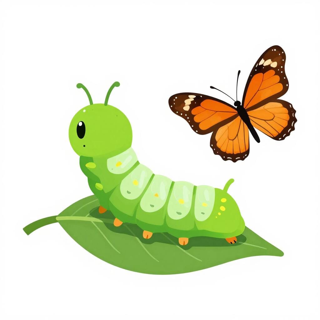 Eine Raupe, die sich auf einem grünen Blatt in einen bunten Schmetterling verwandelt.