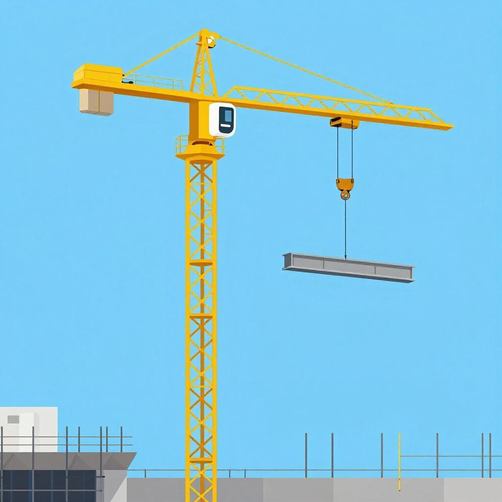 A tall yellow construction crane lifting a heavy steel beam against a blue sky.