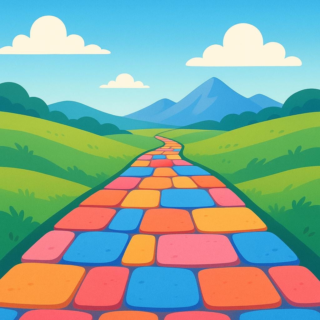 A winding yellow brick road stretching from the foreground toward a distant, sunlit horizon, symbolizing a journey or process currently underway.