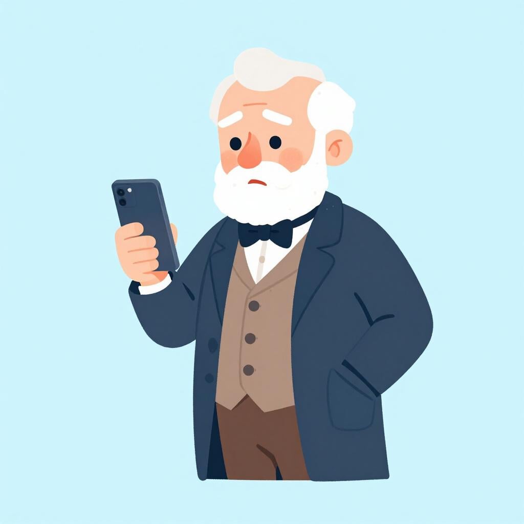 Un homme âgé portant un très grand chapeau haut-de-forme démodé et un monocle, regardant avec confusion un smartphone moderne.