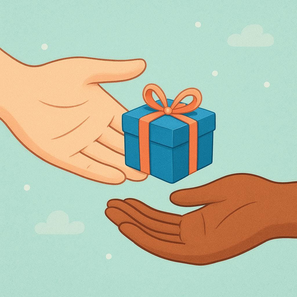 A large, open hand gently presenting a small, wrapped blue gift box to another person's waiting hand, symbolizing something being provided or presented.
