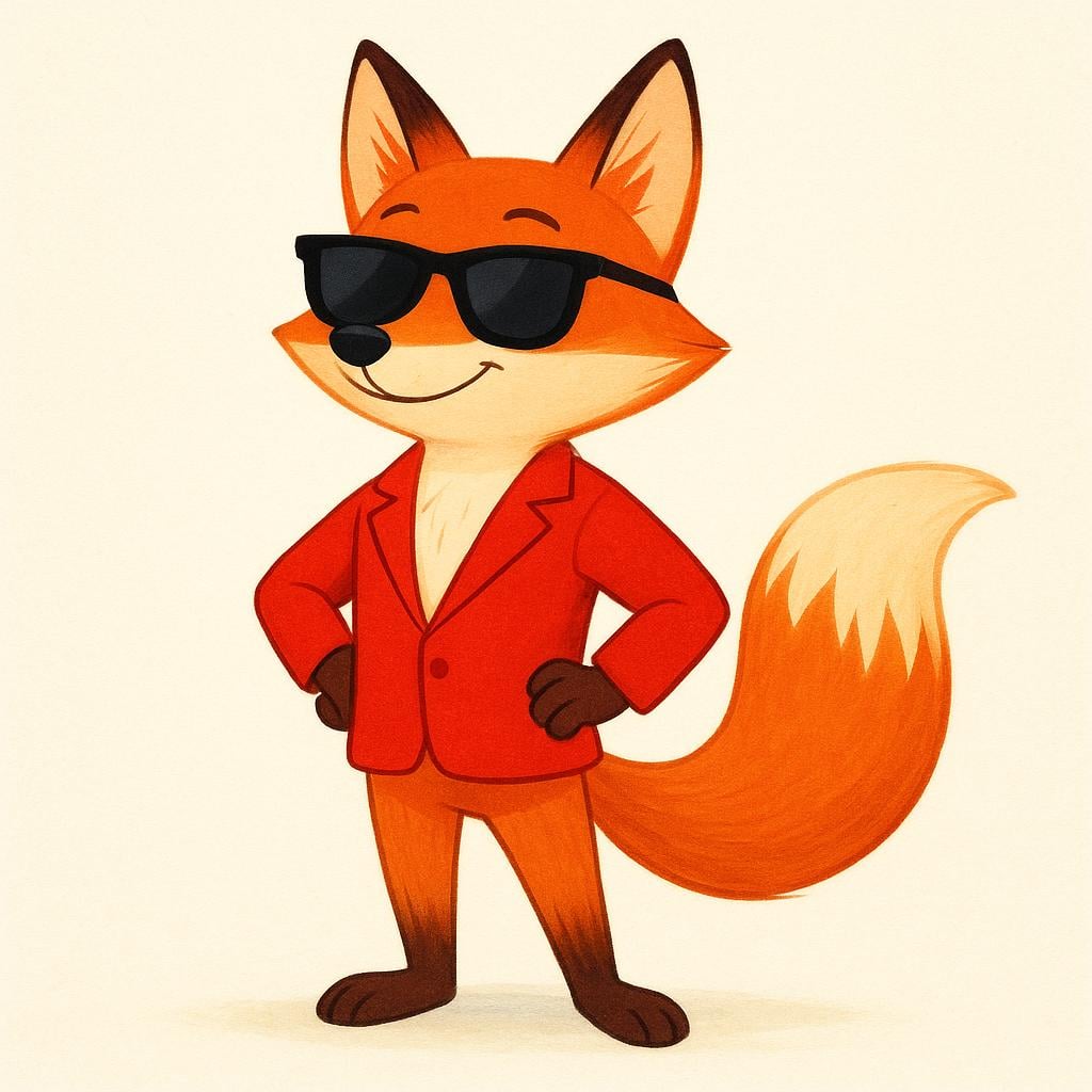 A stylish anthropomorphic fox wearing simple, dark sunglasses and a red jacket, standing confidently.
