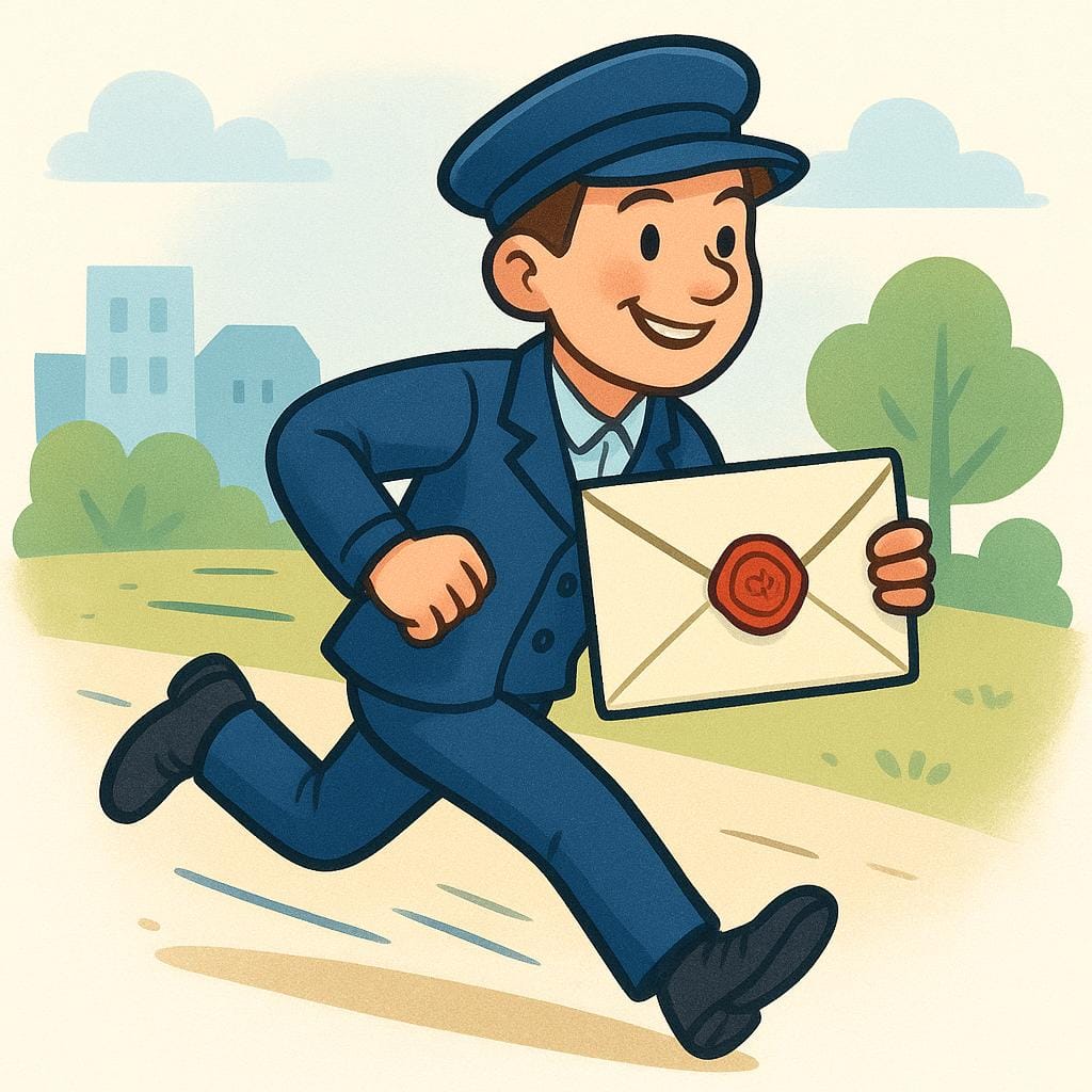 A uniformed messenger wearing a cap, running quickly while clutching a sealed, official-looking envelope, depicting fast message delivery.