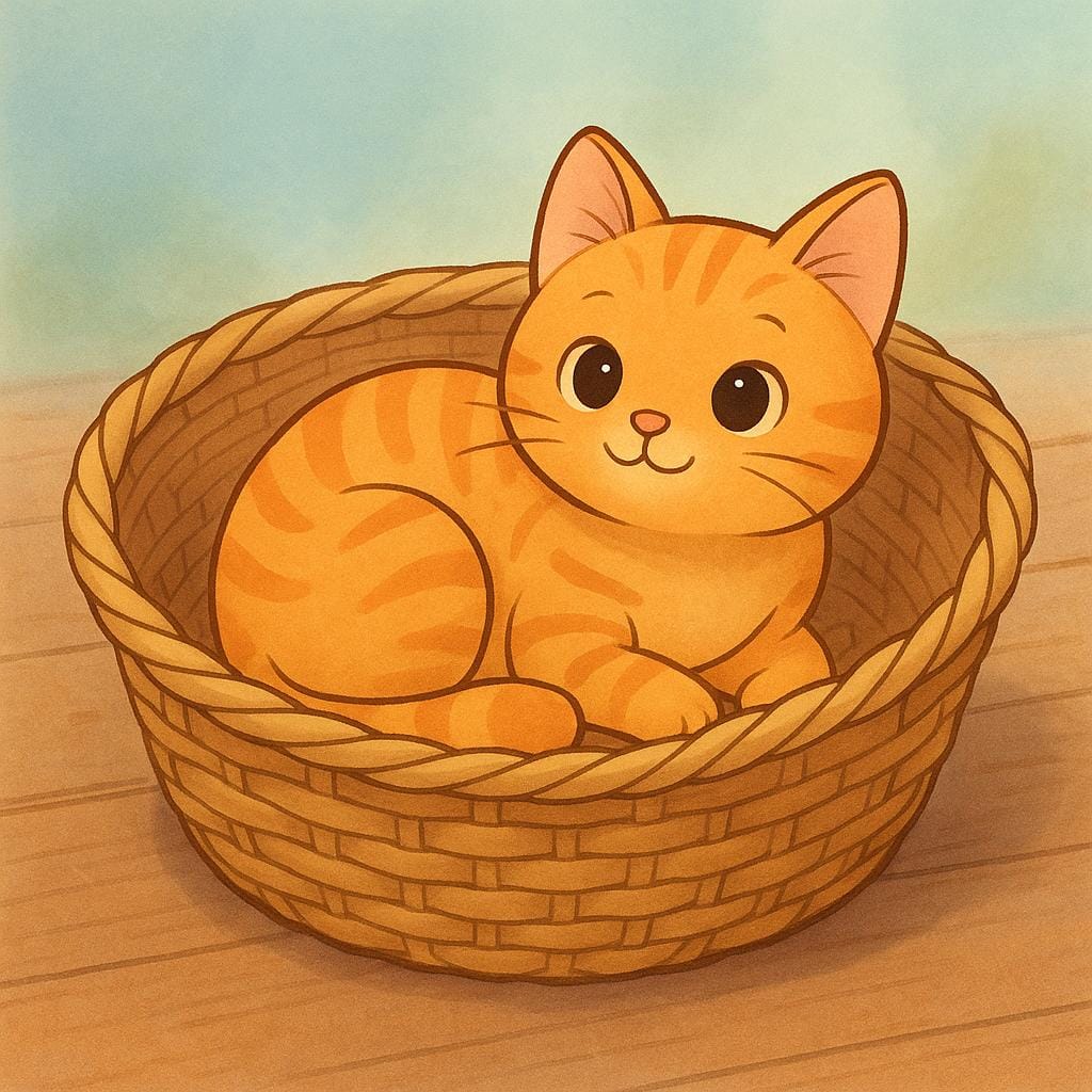 A high quality illustration of a cheerful orange tabby cat resting inside a cozy woven wicker basket, symbolizing a past state of being located somewhere.