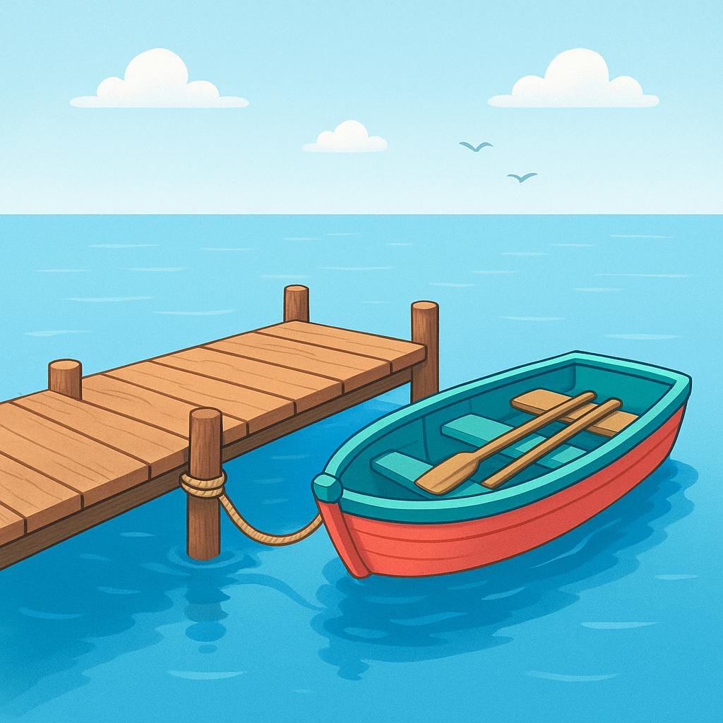 A simple wooden dock extending over calm blue water. A small, colorful boat is tied securely to the structure.