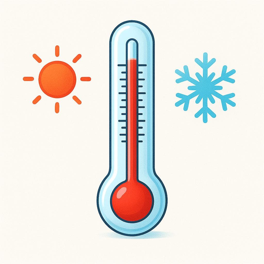 Un thermomètre en verre simple avec une ligne rouge indiquant la mesure, positionné entre un soleil stylisé et un flocon de neige stylisé, symbolisant la chaleur et le froid.