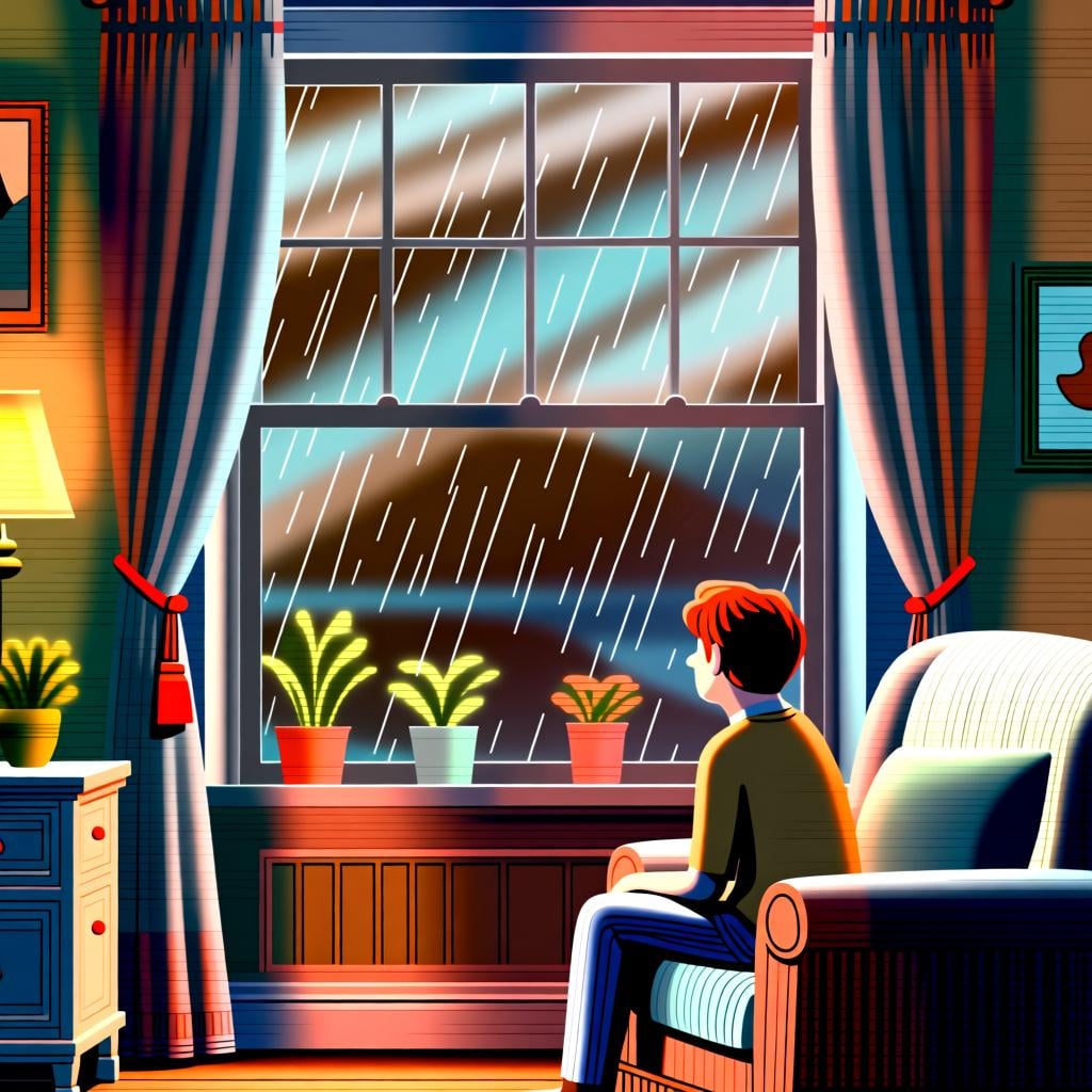 A person sitting comfortably indoors near a window, watching heavy rain fall outside.