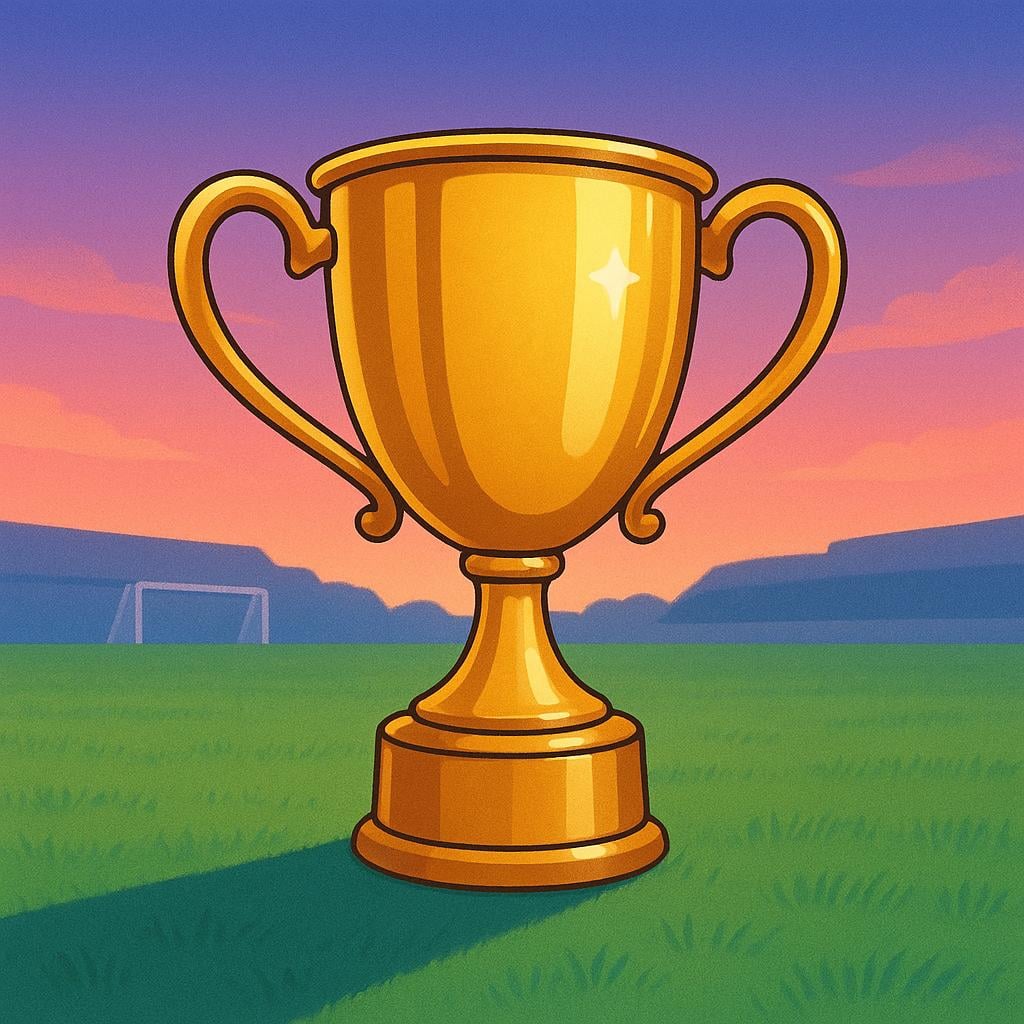 A large, ornate gold trophy placed prominently on a green soccer pitch, awaiting the winner of the championship.