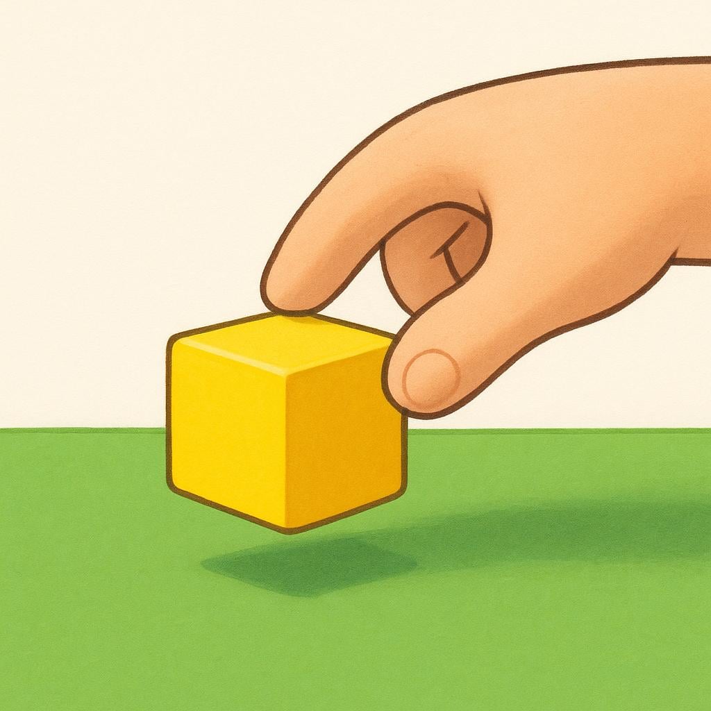 A child's hand is lifting a single, brightly colored geometric block off a flat wooden surface.
