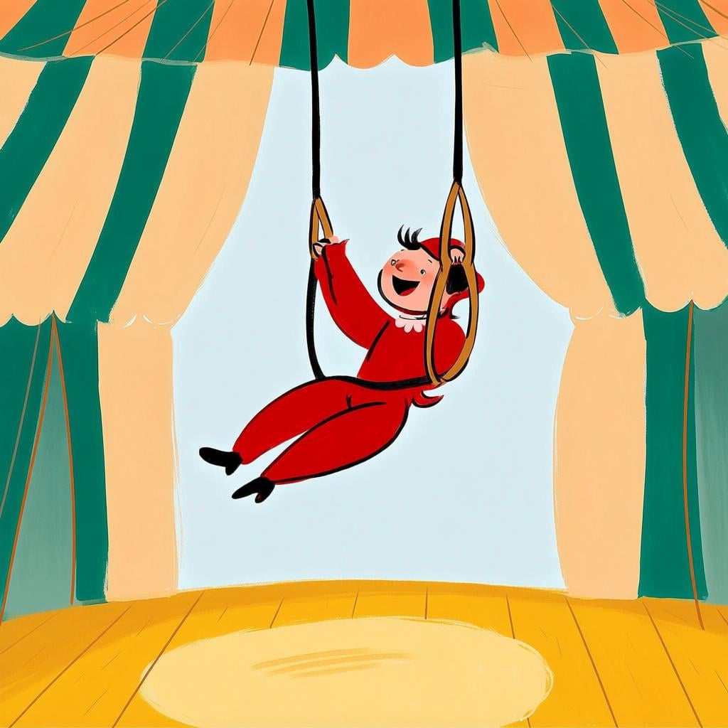 A circus illustration showing a performer mid-swing on a trapeze bar under a big top tent, representing a performance or act.