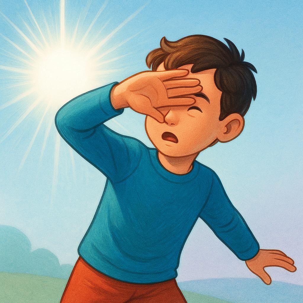 A figure shields their face with an arm as an overwhelming, brilliant flash of white light bursts towards them, temporarily blinding them.