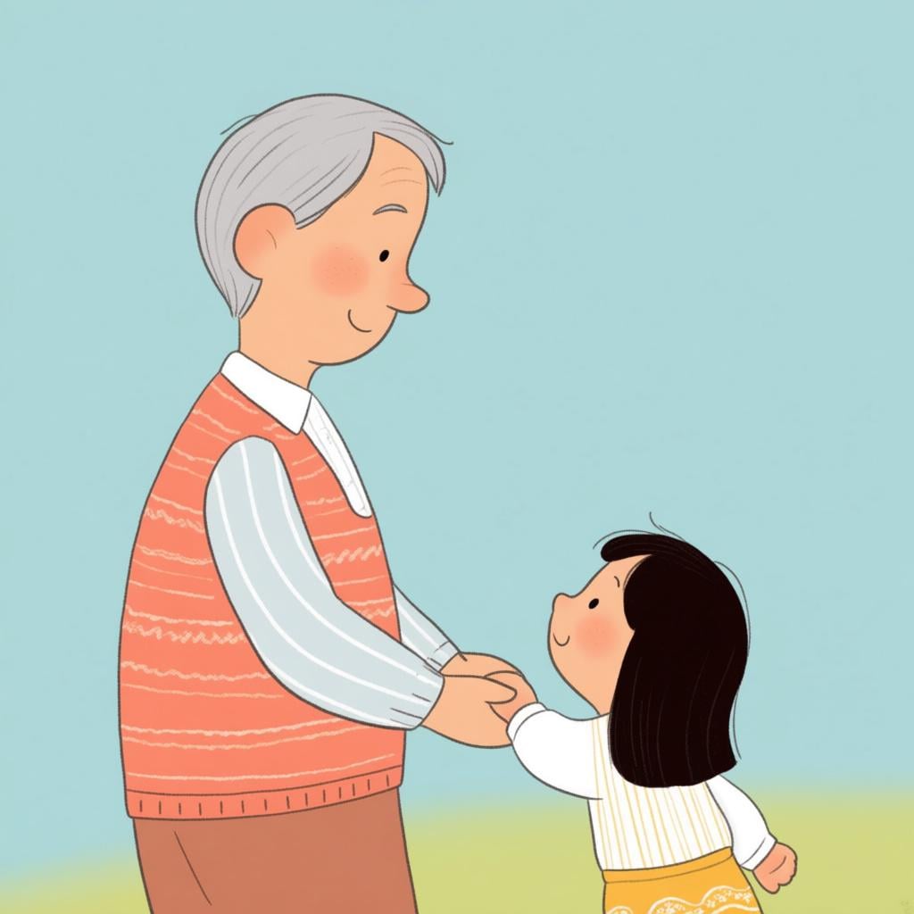 A tall man with gray hair gently holding the hand of a small, young child, illustrating the concept of being older.