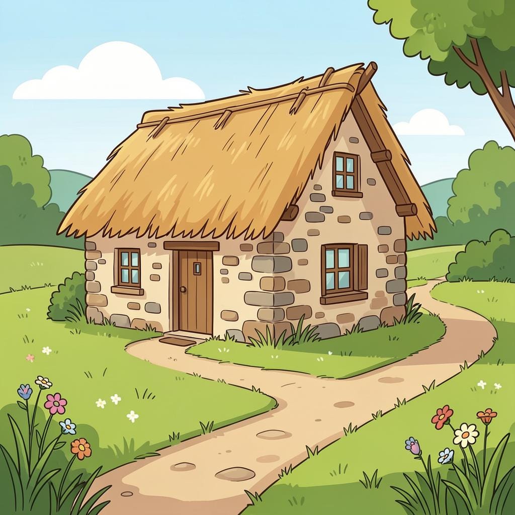 A small rustic stone cottage with a thatched roof nestled in a green valley with a dirt path.