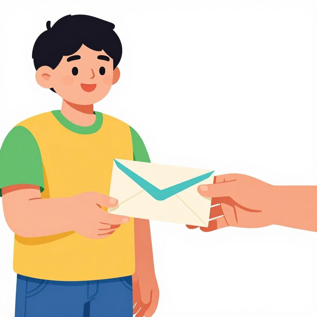A friendly person smiling and handing a colorful paper envelope to another person.