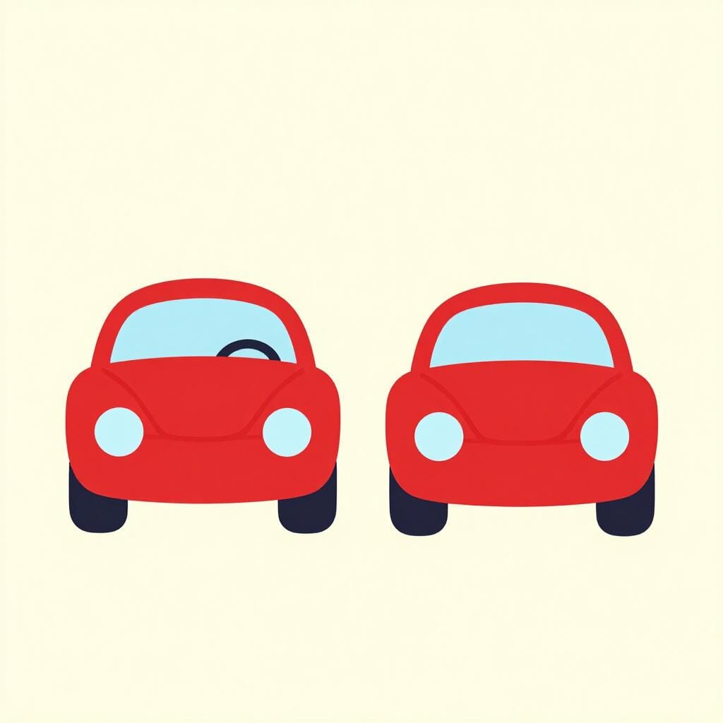 清潔な白い表面に並んで置かれた、同じデザインの小さな赤いおもちゃの車が2台。