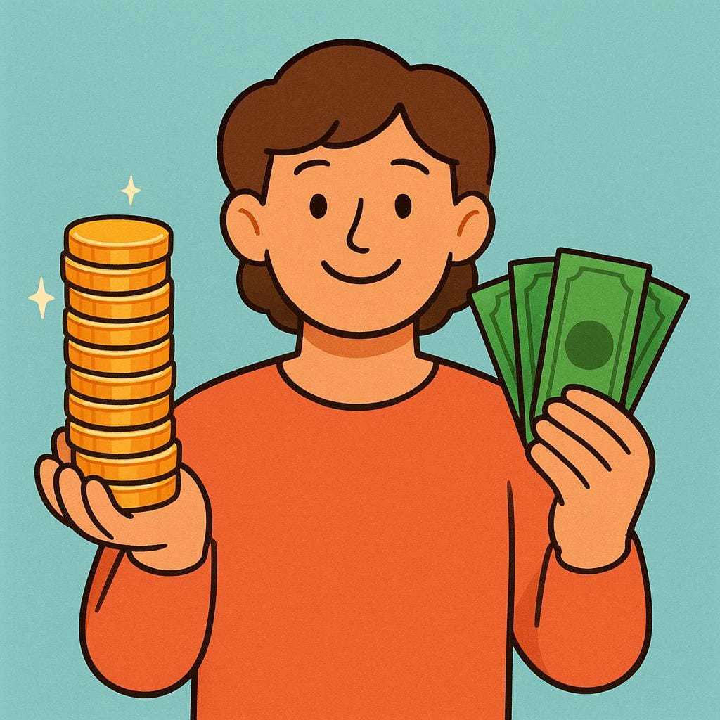 A smiling person holding a tall, neat stack of golden coins and green paper money, representing earned income.